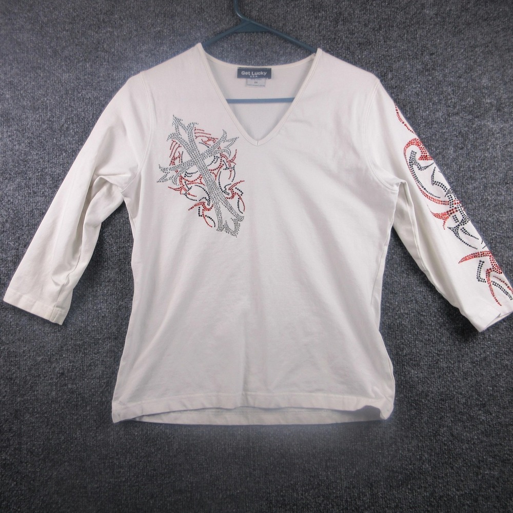 Get Lucky Shirt Womens Medium White Rhinestone‎ Cross V Neck 3/4 Sleeve Top